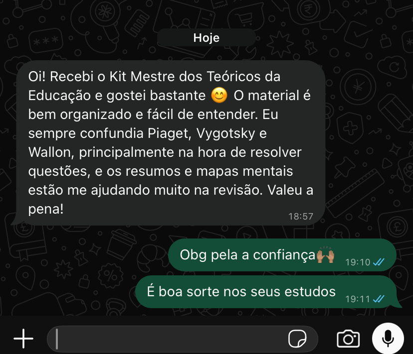 Print de WhatsApp com depoimento de cliente e resposta da equipe sobre o Kit Mestre dos Teóricos